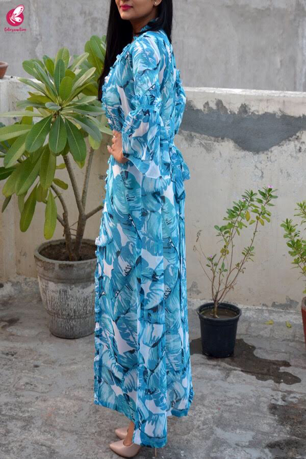 Sky Blue &amp; White Printed Georgette Shrug