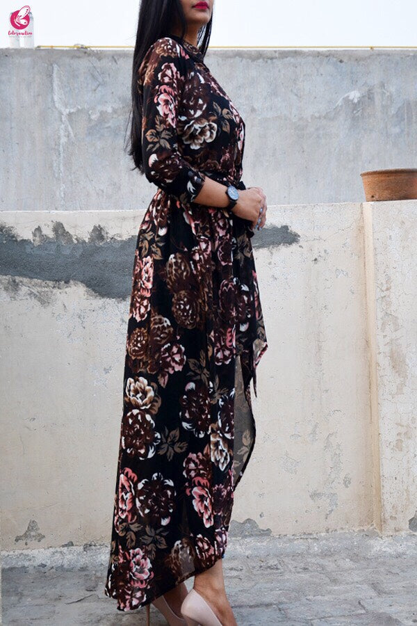Black Multicolor Georgette Floral Long Shrug