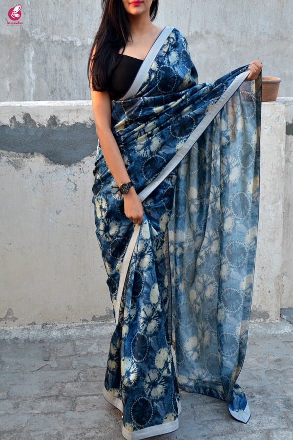 Blue & Grey Printed Silk Border Saree