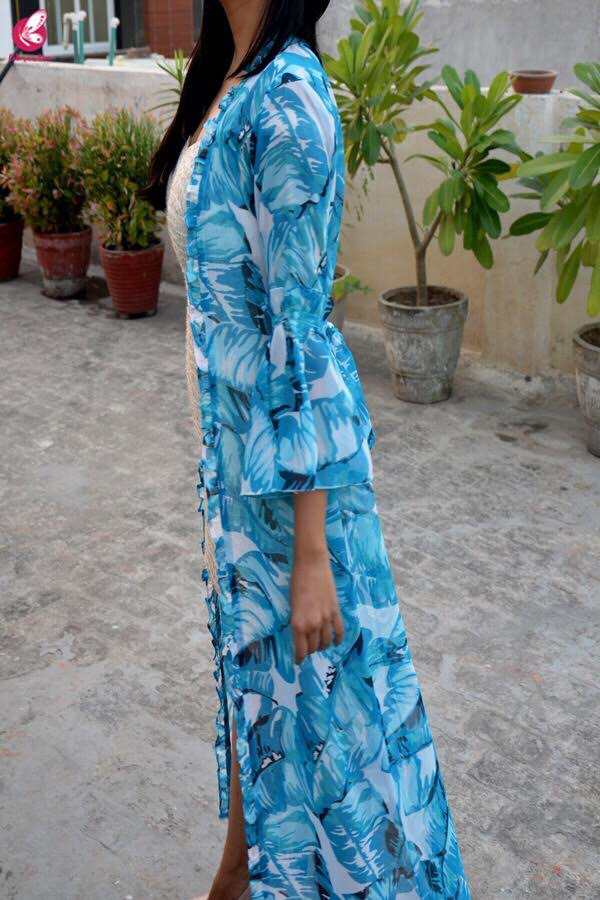 Sky Blue & White Printed Georgette Shrug