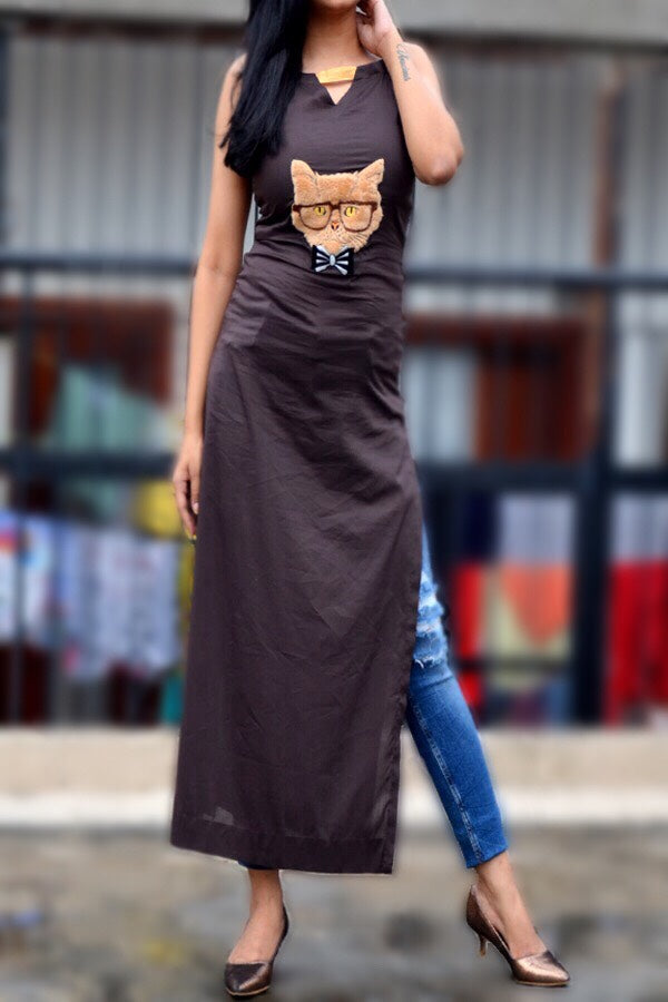 Brown Viscose Cat Patch Straight Kurti