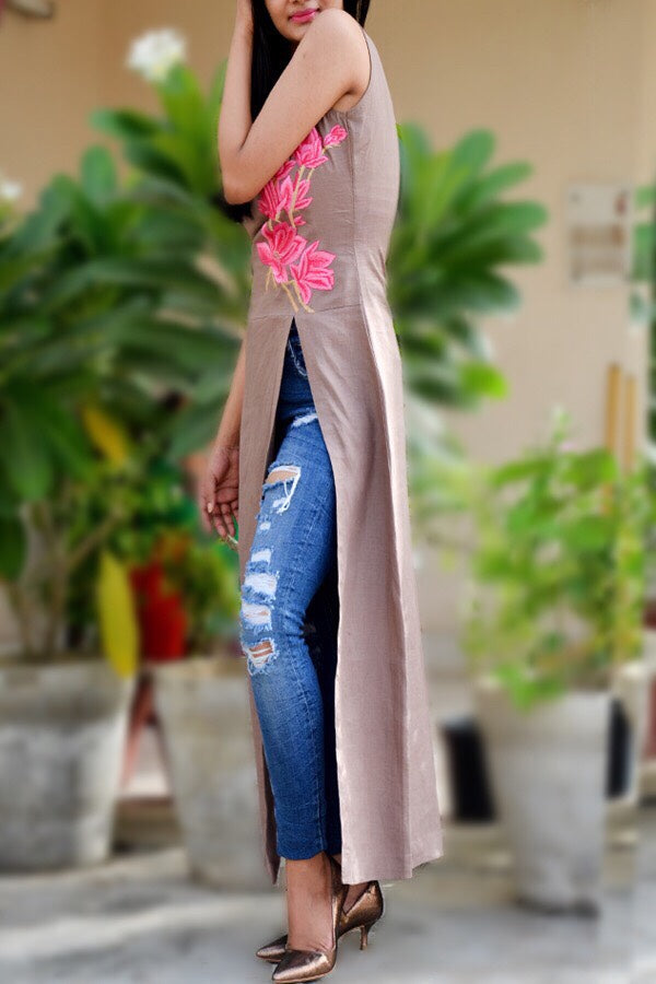 Pastel Brown Linen Embroidered A-Line Kurti