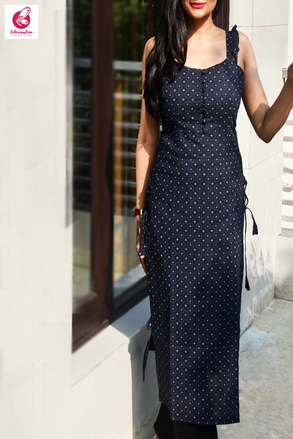 Black Printed Frill Sleeves Front Button Detailing Kurti | Colorauction