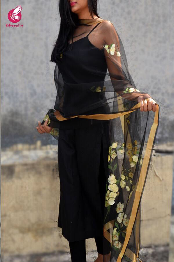 Black Organza Floral Hand Painted Stole