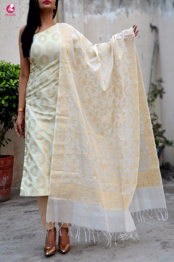 Off White Pure Chanderi Zari Woven Dupatta