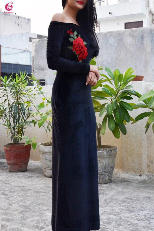Black Padded Velvet Maxi Cocktail Dress