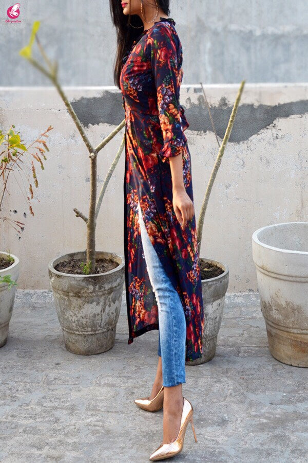 Blue Printed Front Slit Georgette Long Kurti