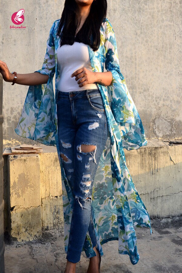 White Printed Georgette Long Shrug