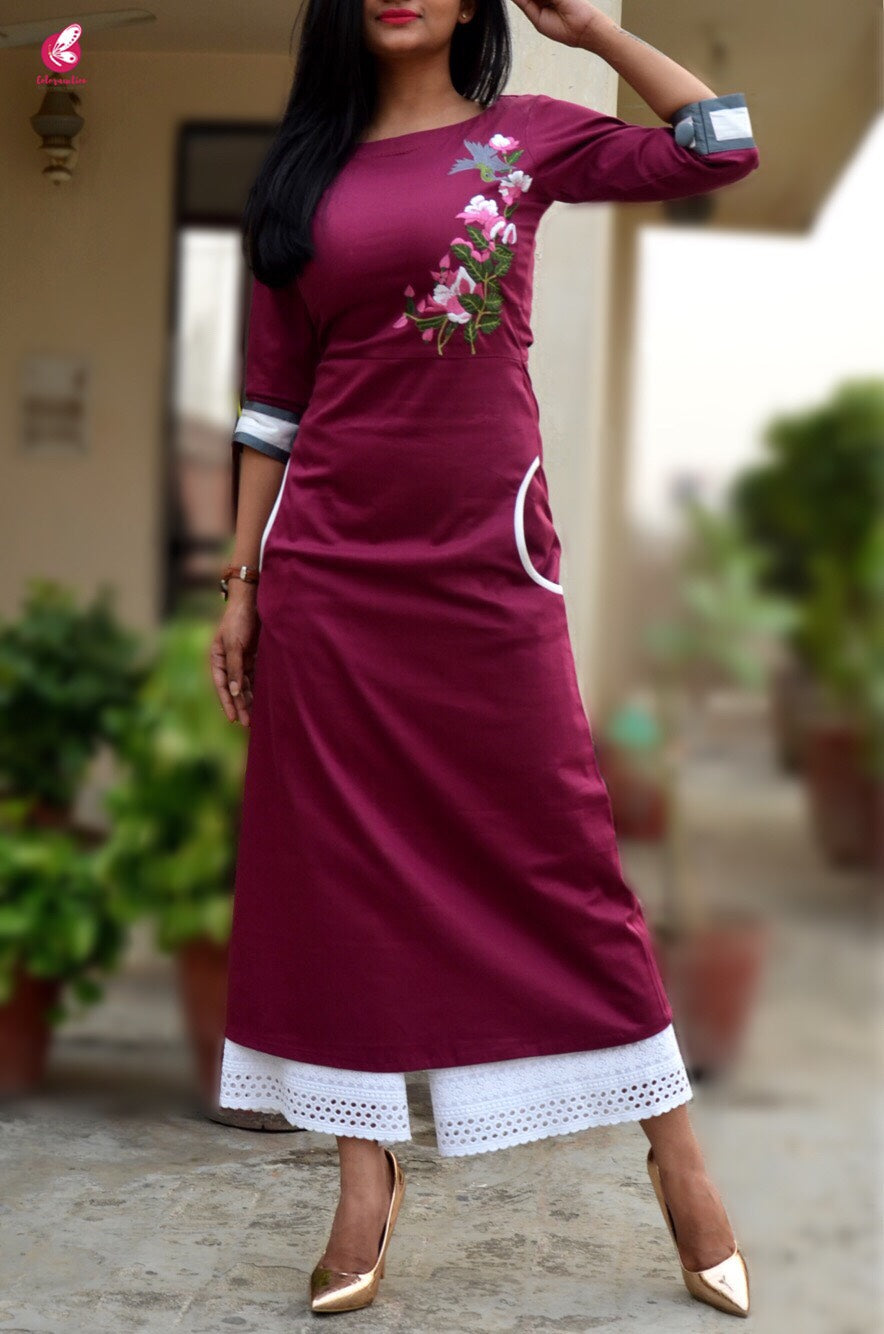 Wine Sarton Lycra Embroidered A-Line Kurti