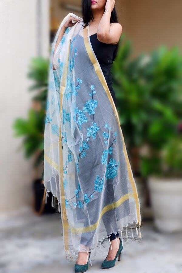 Off White Organza Hand painted Stole
