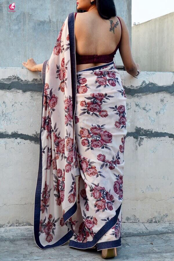 Off White Printed Georgette Saree