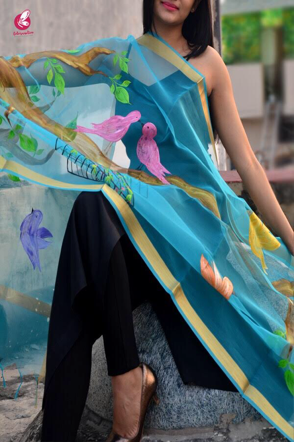 Sky Blue Oraganza Handpainted Stole