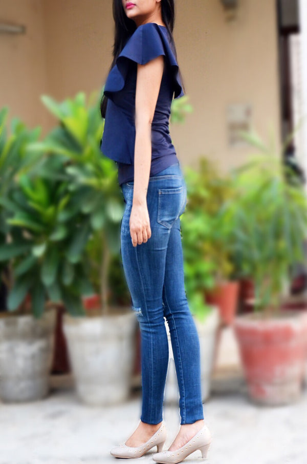 Blue Cotton Side Knot Half Sleeves Top