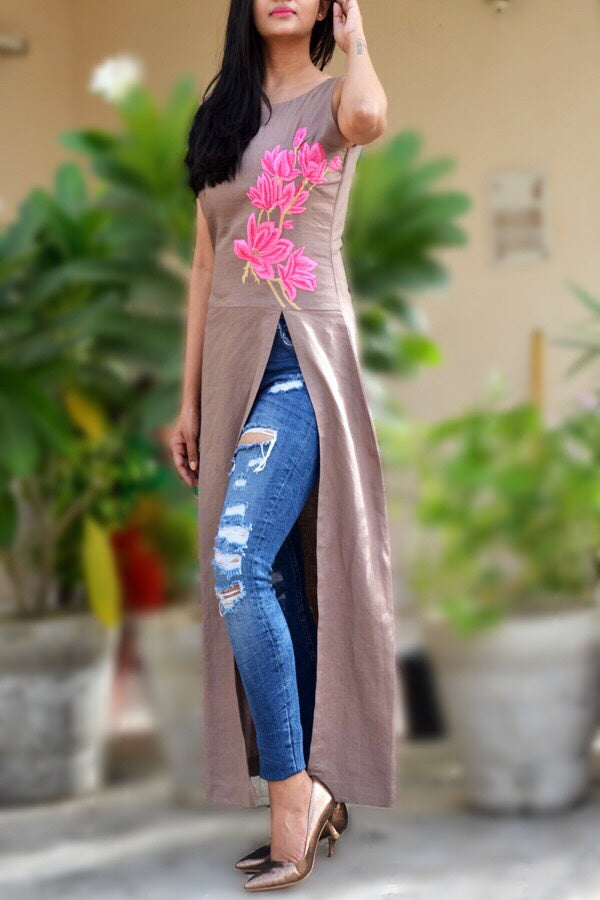 Pastel Brown Linen Embroidered A-Line Kurti
