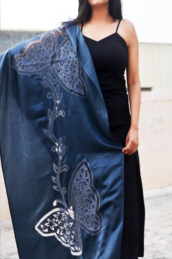 Grey Silk Embroidered Butterfly Stole