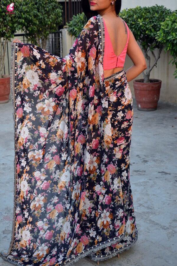 Blue Printed Multicolor Floral Georgette Saree
