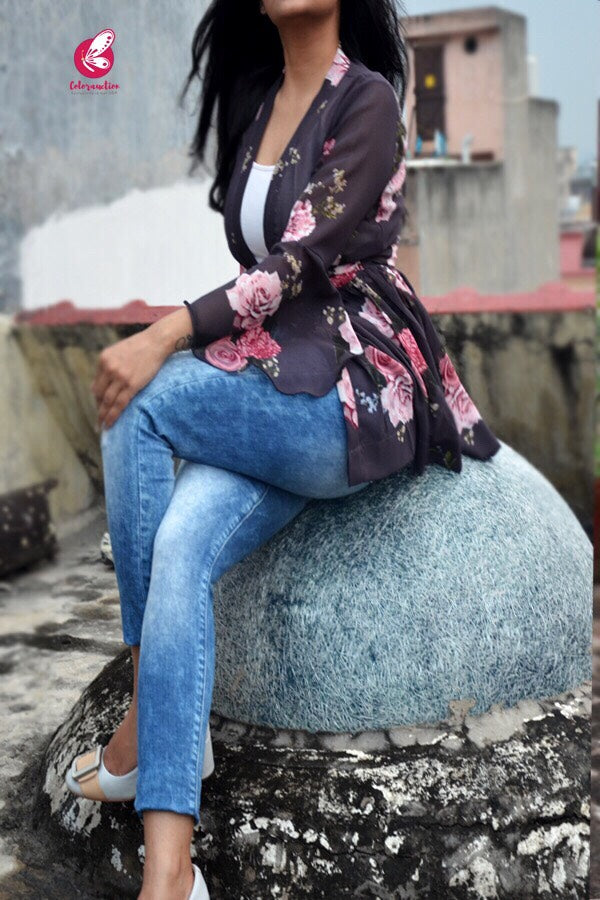Dark Grey Printed Floral Shrug