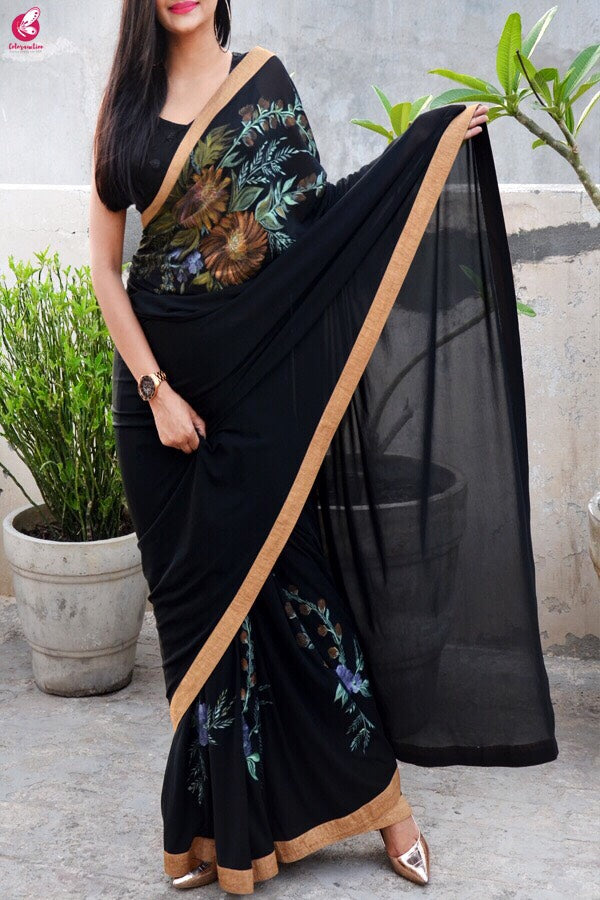 Black Lycra Net Hand-painted Saree