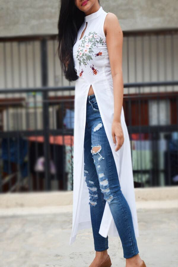 White Linen Embroidered A-Line Kurti