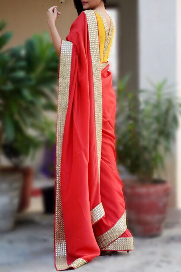 Red Crepe Mirror Handwork Designer Saree
