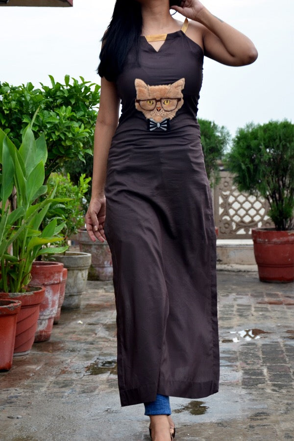 Brown Viscose Cat Patch Straight Kurti
