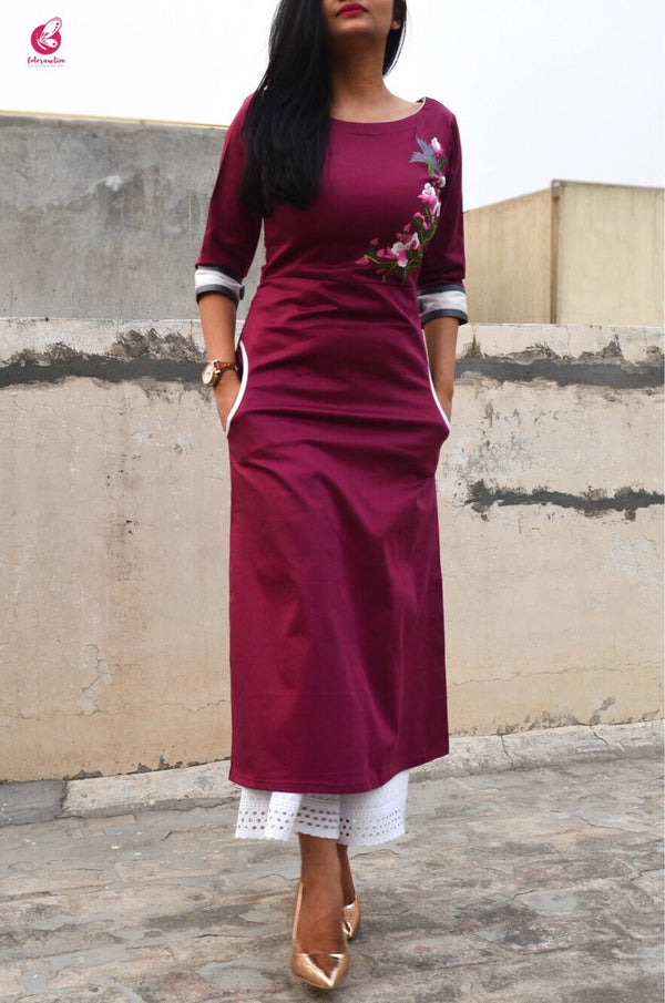 Wine Sarton Lycra Embroidered A-Line Kurti