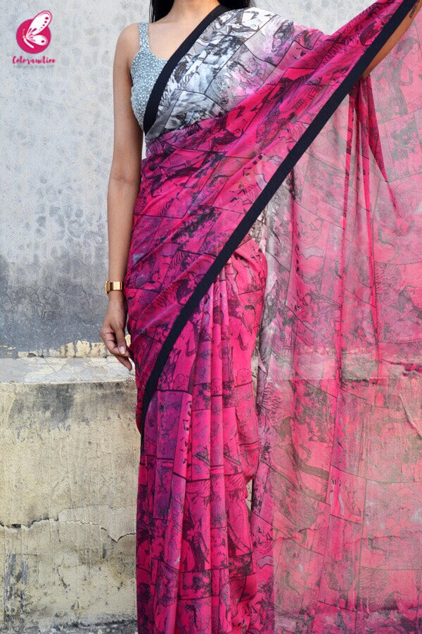 Grey and Pink Printed Georgette Saree