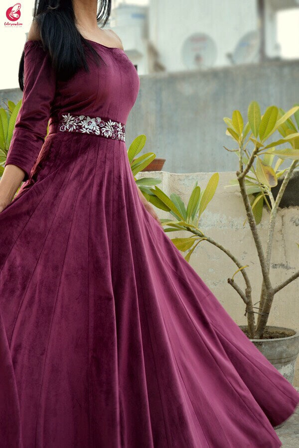 Wine Velvet off Shoulder Padded Gown
