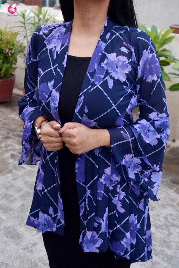 Blue Printed Georgette Floral Shrug