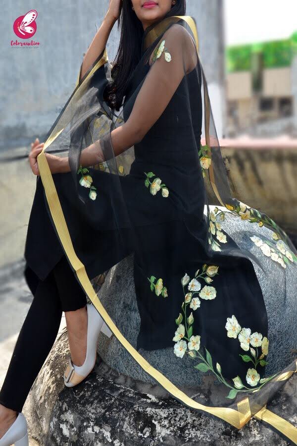 Black Organza Floral Hand Painted Stole