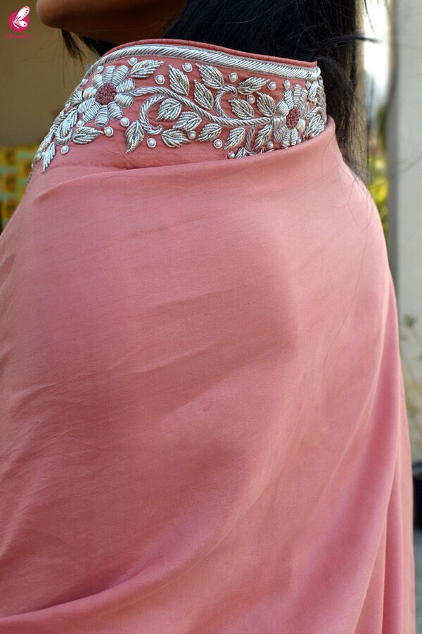 Dusty Rose Pure Silk Silver Dabka Zardosi Pearl Handwork Saree