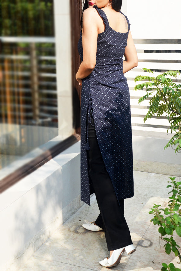Black Printed Frill Sleeves Front Button Detailing Kurti | Colorauction