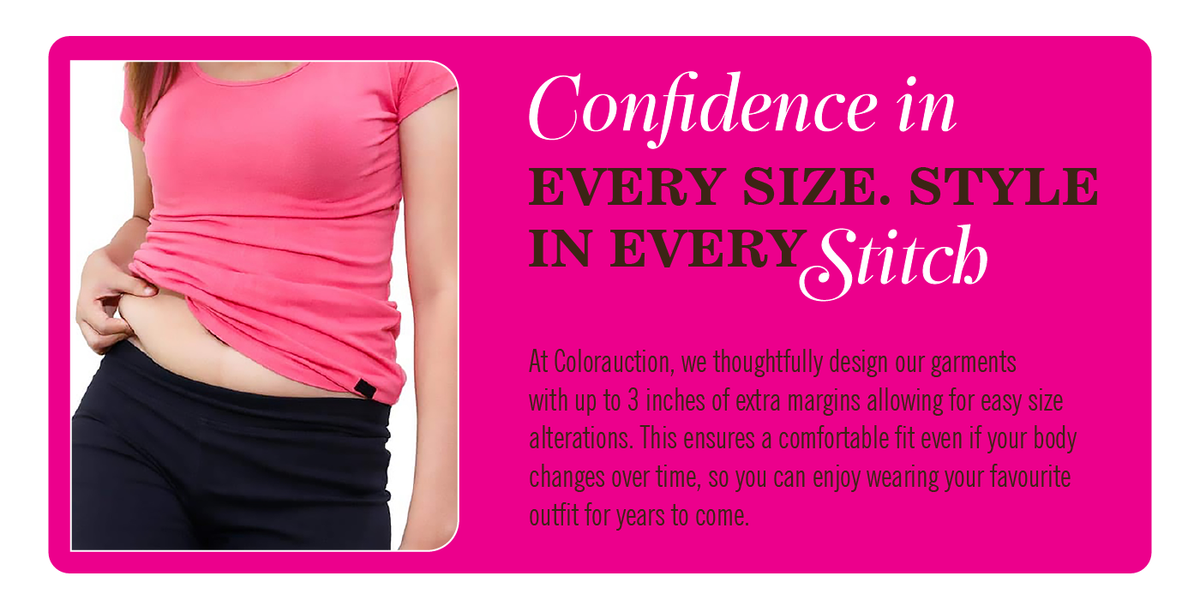Promotional graphic for Colorraction stretch apparel, featuring a cropped model in a pink top and black bottoms beside bright pink text that reads 'Confidence in EVERY SIZE. STYLE IN EVERY Stitch' with additional product information.