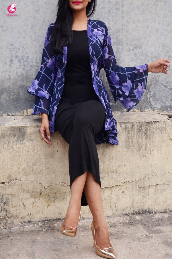 Blue Printed Georgette Floral Shrug