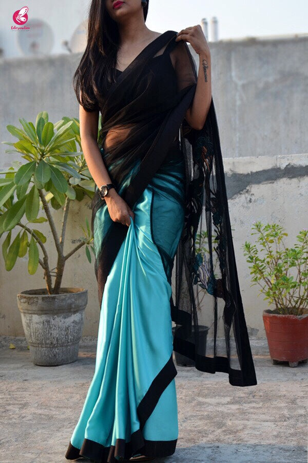Seagreen Satin Embroidered Saree