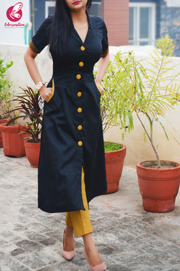 Black &amp; Mustard Cotton Silk Kurti with Mustard Stripes Cotton Silk Pants