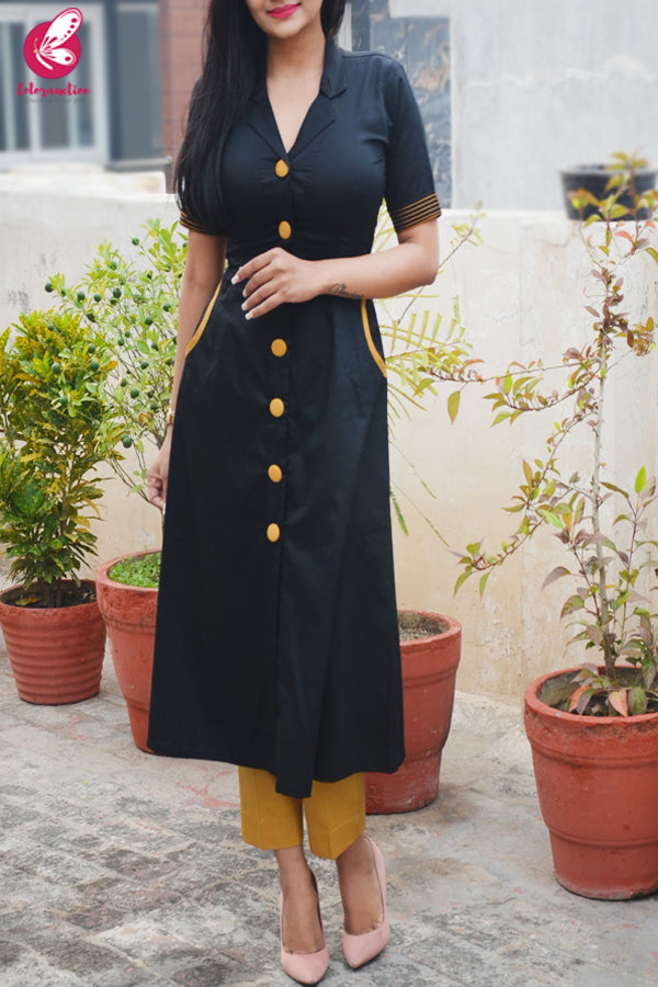 Black & Mustard Cotton Silk Kurti with Mustard Stripes Cotton Silk Pants
