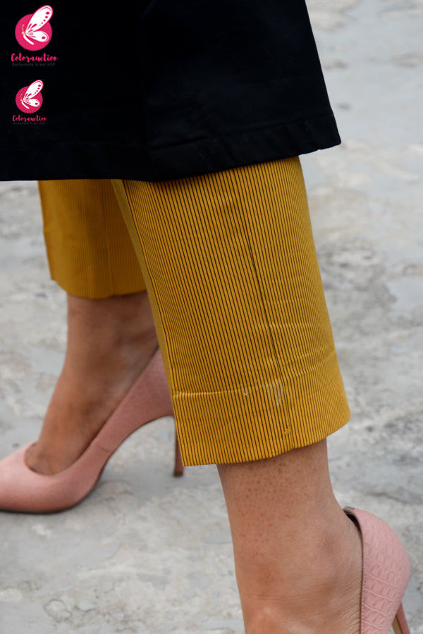 Black &amp; Mustard Cotton Silk Kurti with Mustard Stripes Cotton Silk Pants