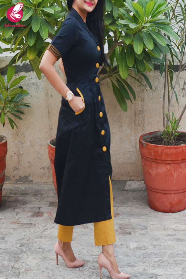 Black &amp; Mustard Cotton Silk Kurti with Mustard Stripes Cotton Silk Pants