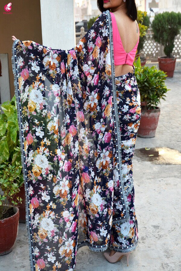 Blue Printed Multicolor Floral Georgette Saree