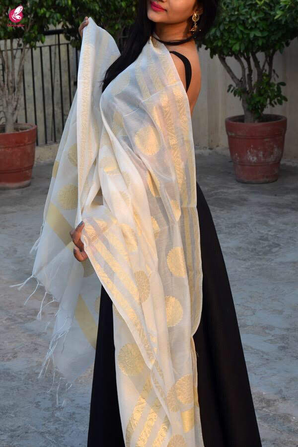 Off White Chanderi Zari Woven Dupatta