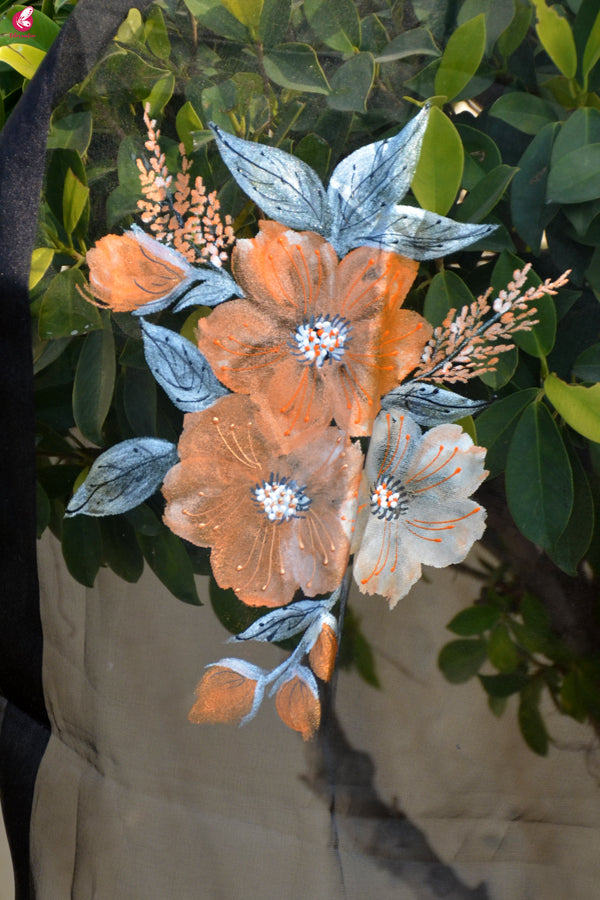 Black Organza Hand painted Floral Organza Stole
