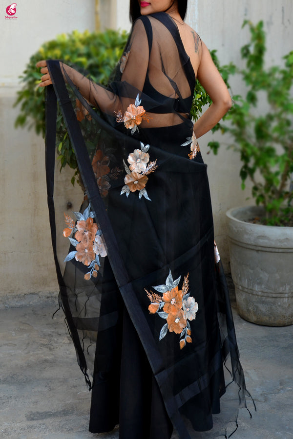 Black Organza Hand painted Floral Organza Stole