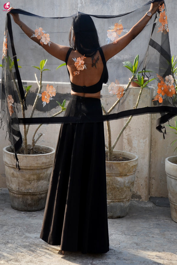 Black Organza Hand painted Floral Organza Stole