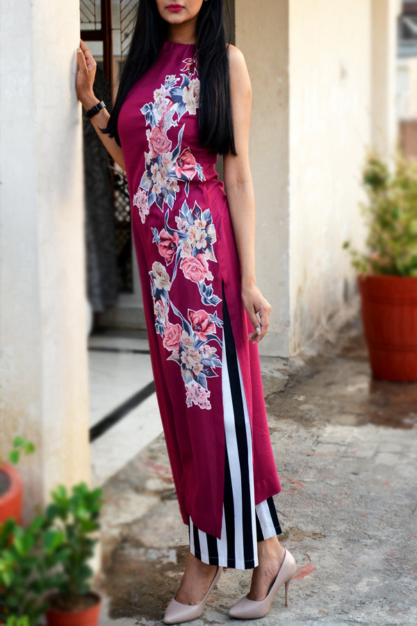 Wine Colored Applique Work Kurti with Striped Palazzo