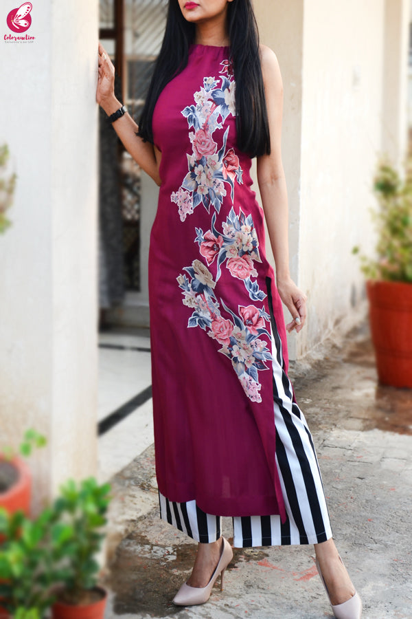 Wine Colored Applique Work Kurti with Striped Palazzo