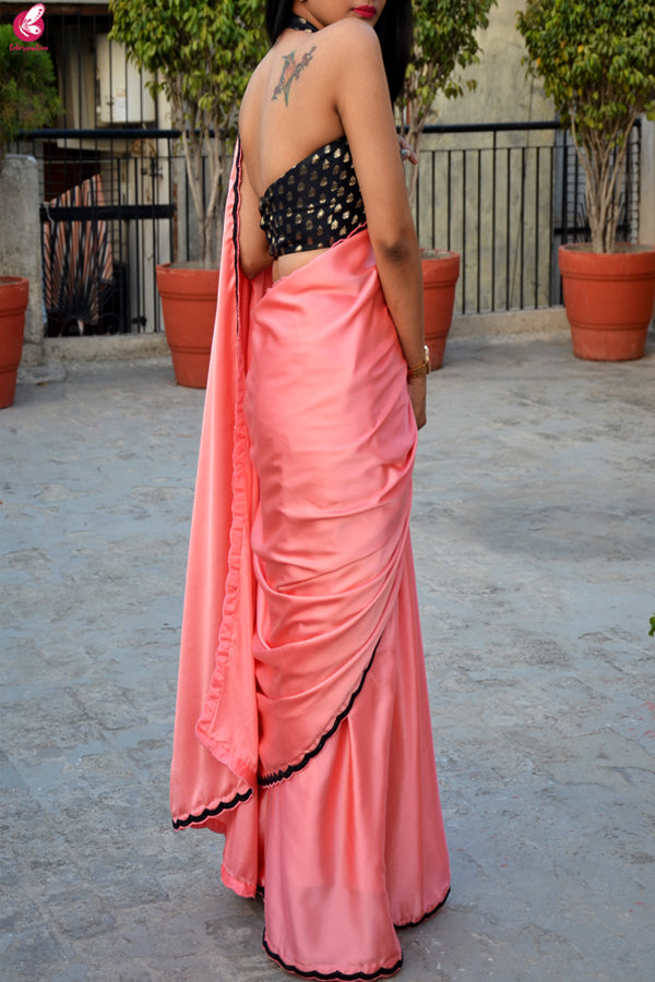 Peach Pink Satin Bead Hand Work Scallop Border Saree
