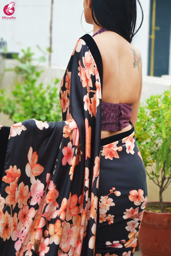 Black Satin Printed Satin Velvet Taping Saree