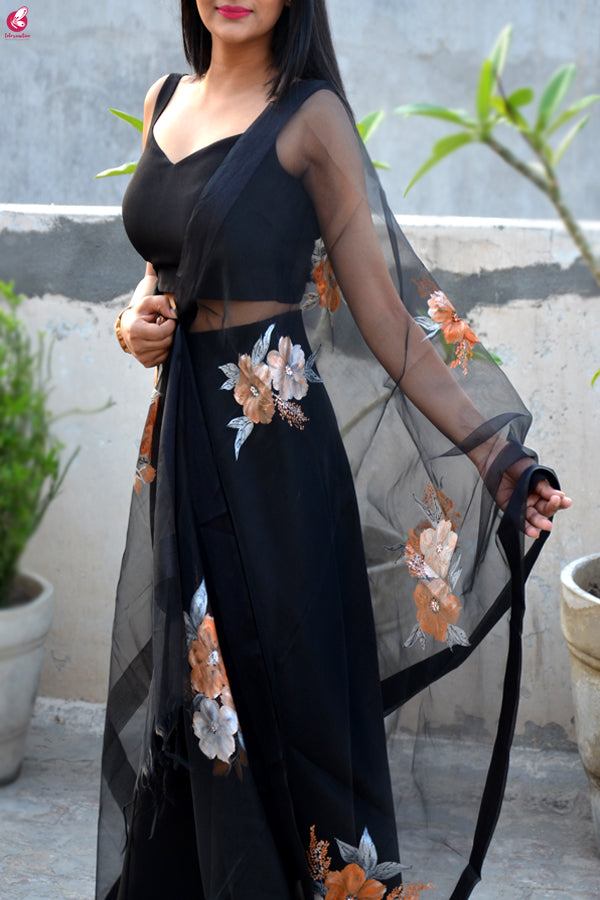 Black Organza Hand painted Floral Organza Stole
