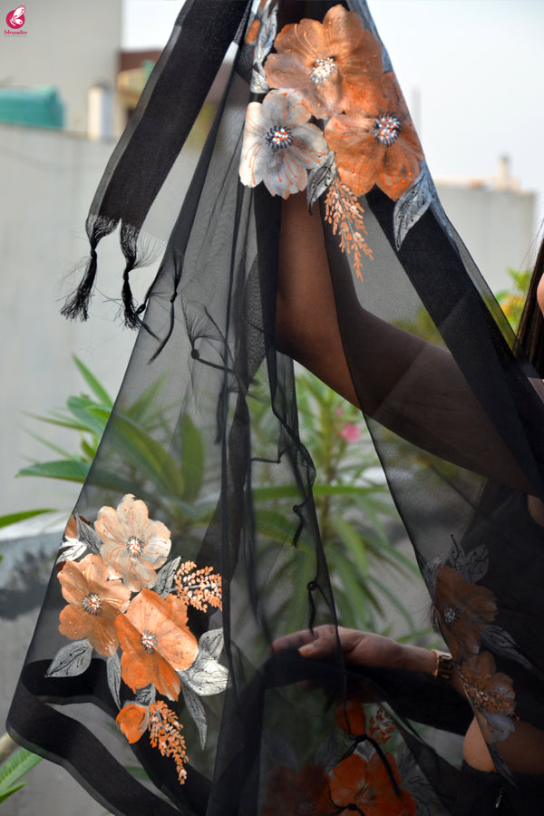 Black Organza Hand painted Floral Organza Stole